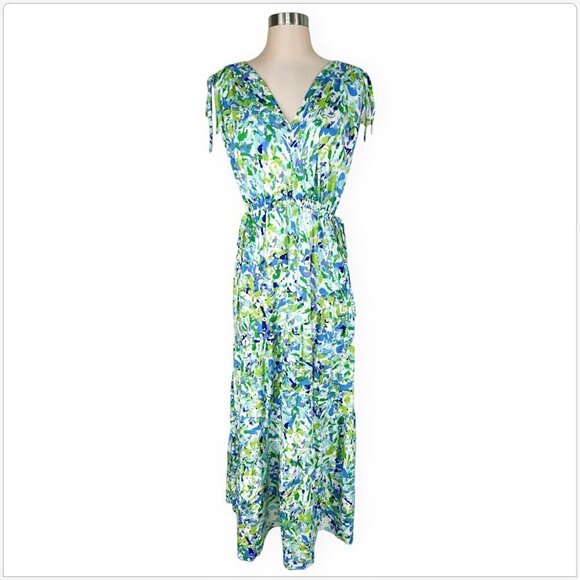 Maggy London White Aqua Floral Print Maxi Shoulder Gather Dress NEW NWT 18 - Picture 2 of 5